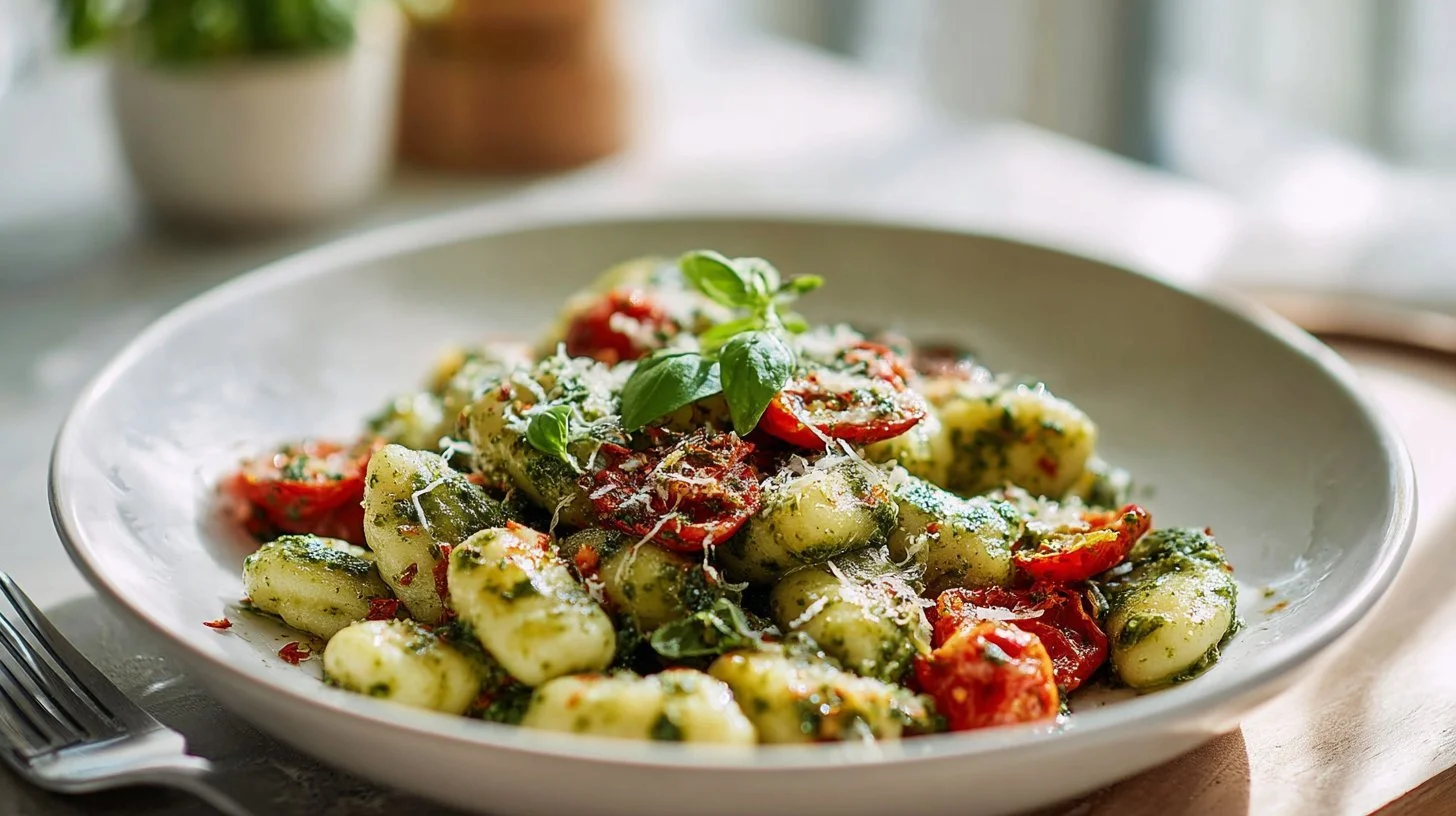 Delicious pesto gnocchi topped with fresh basil and parmesan cheese.
