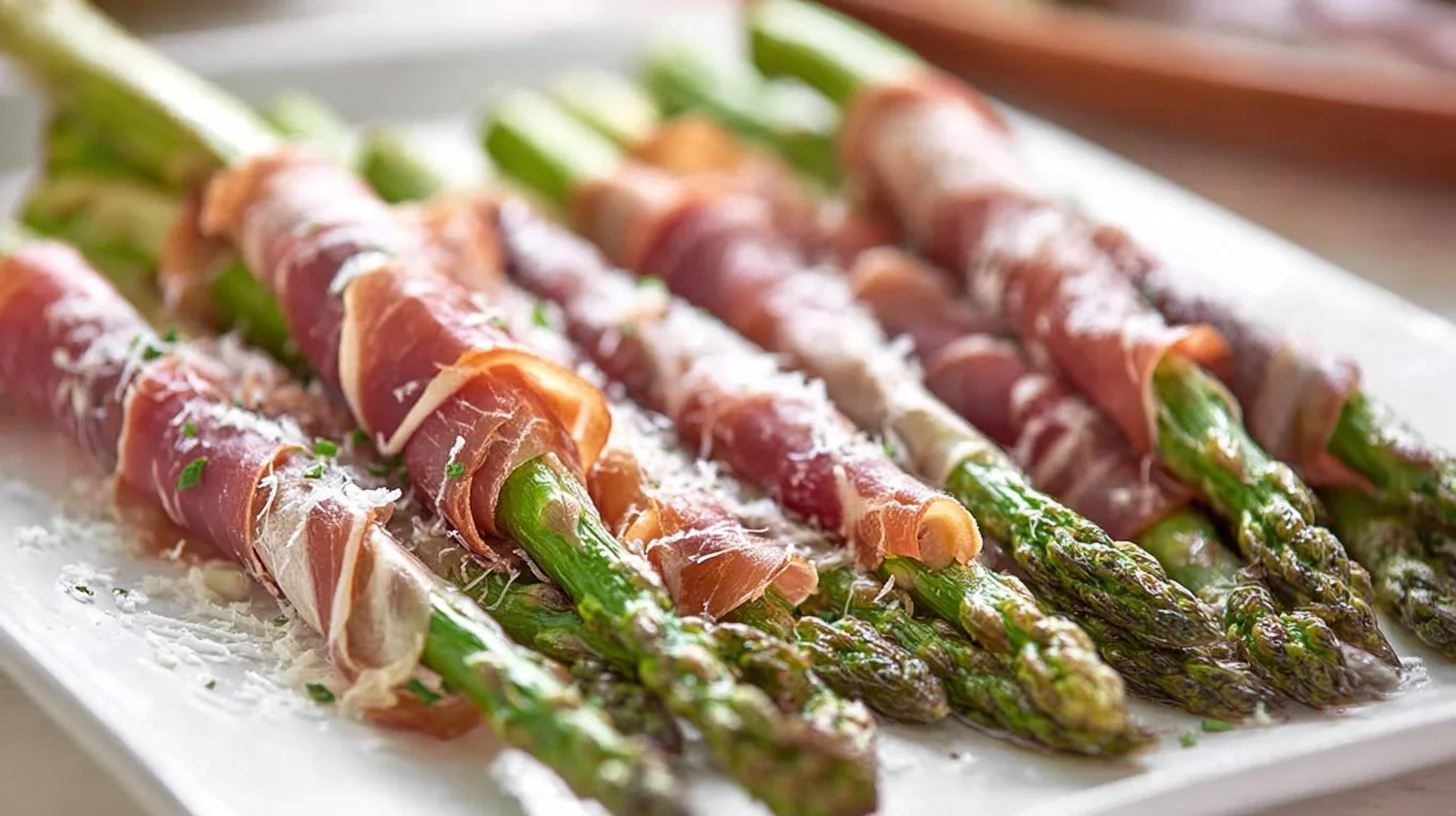 Delicious prosciutto wrapped asparagus on a serving platter.