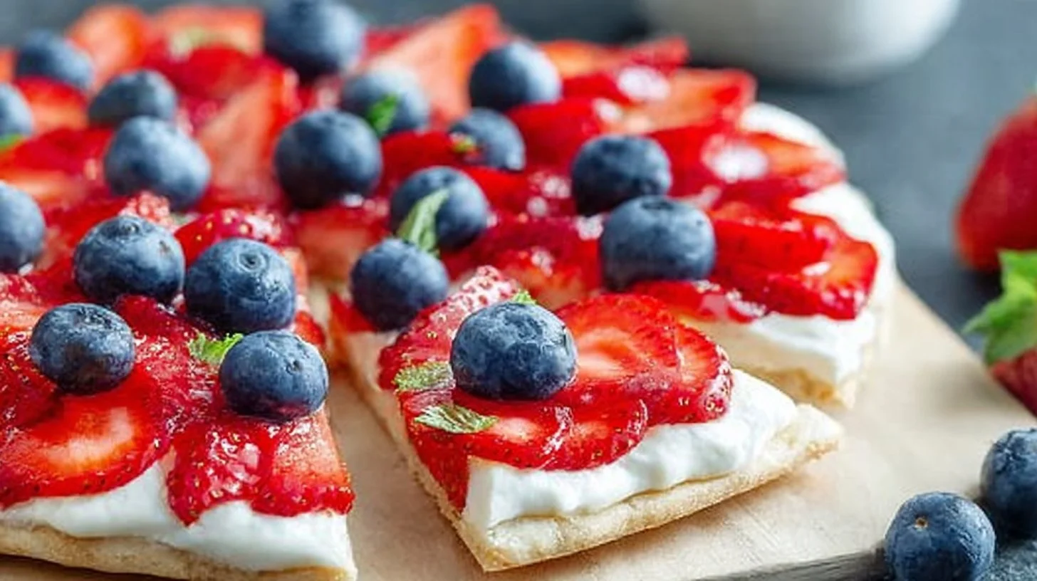 Red White and Blue Fruit Pizza topped with strawberries and blueberries for summer treat