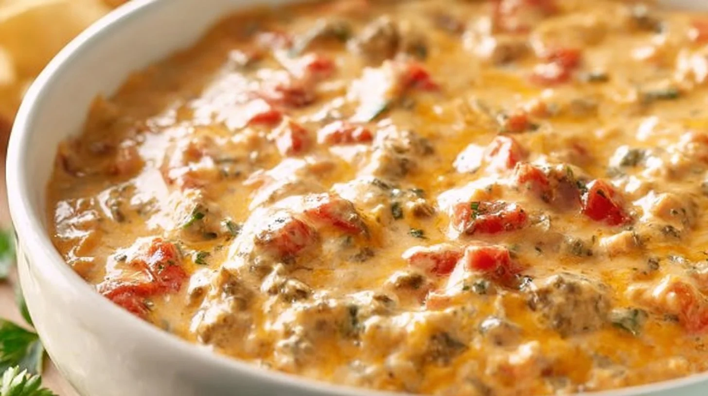 Bowl of cheesy Rotel Dip served with tortilla chips at a party
