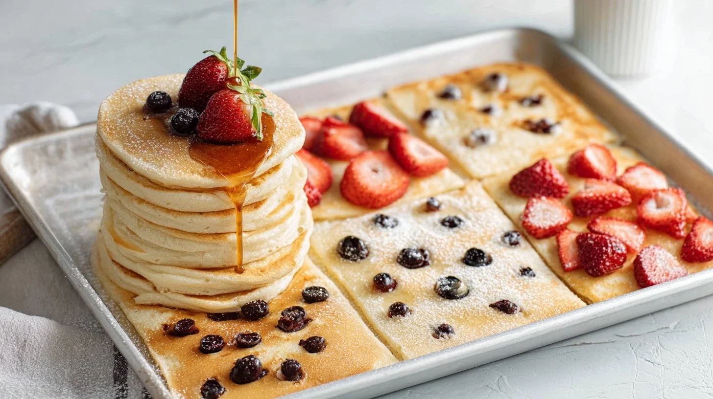 Delicious sheet pan pancakes baked in one pan for an easy breakfast