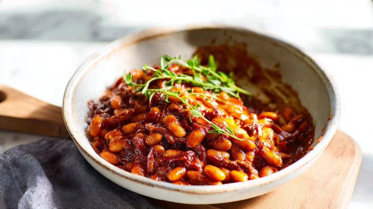 Smoky BBQ Vegetarian Baked Beans served in a bowl, perfect for dinner.