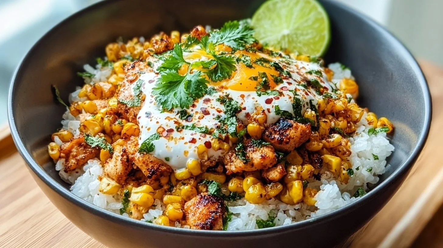 Street Corn Chicken Rice Bowl featuring tender chicken and flavorful rice