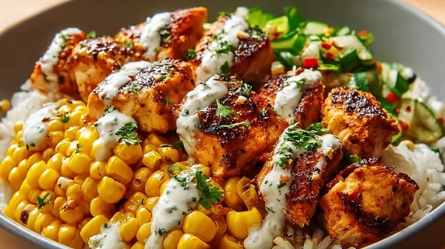 Delicious Street Corn Chicken Rice Bowl served in a bowl