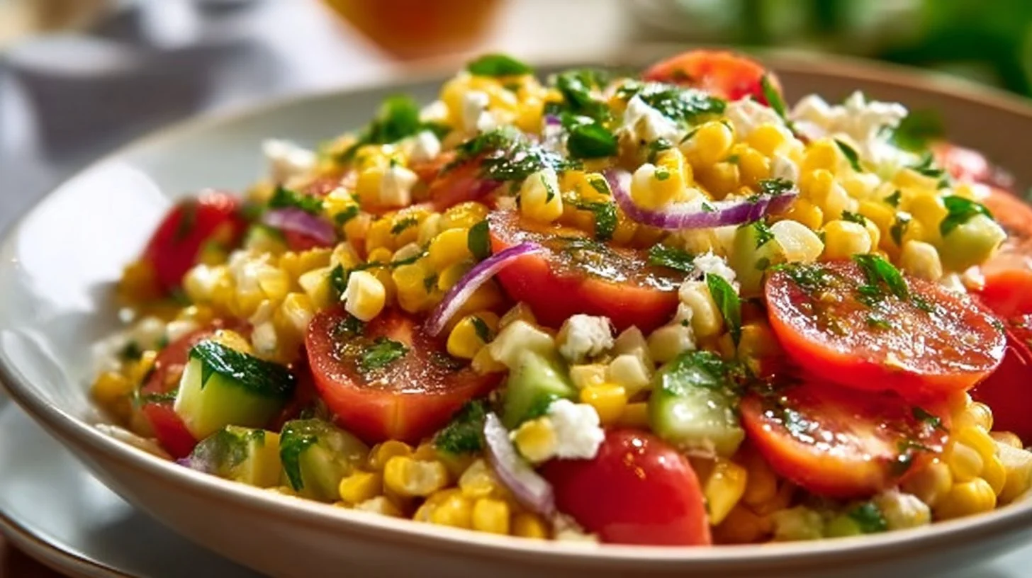 Colourful summer corn salad with fresh vegetables in a bowl