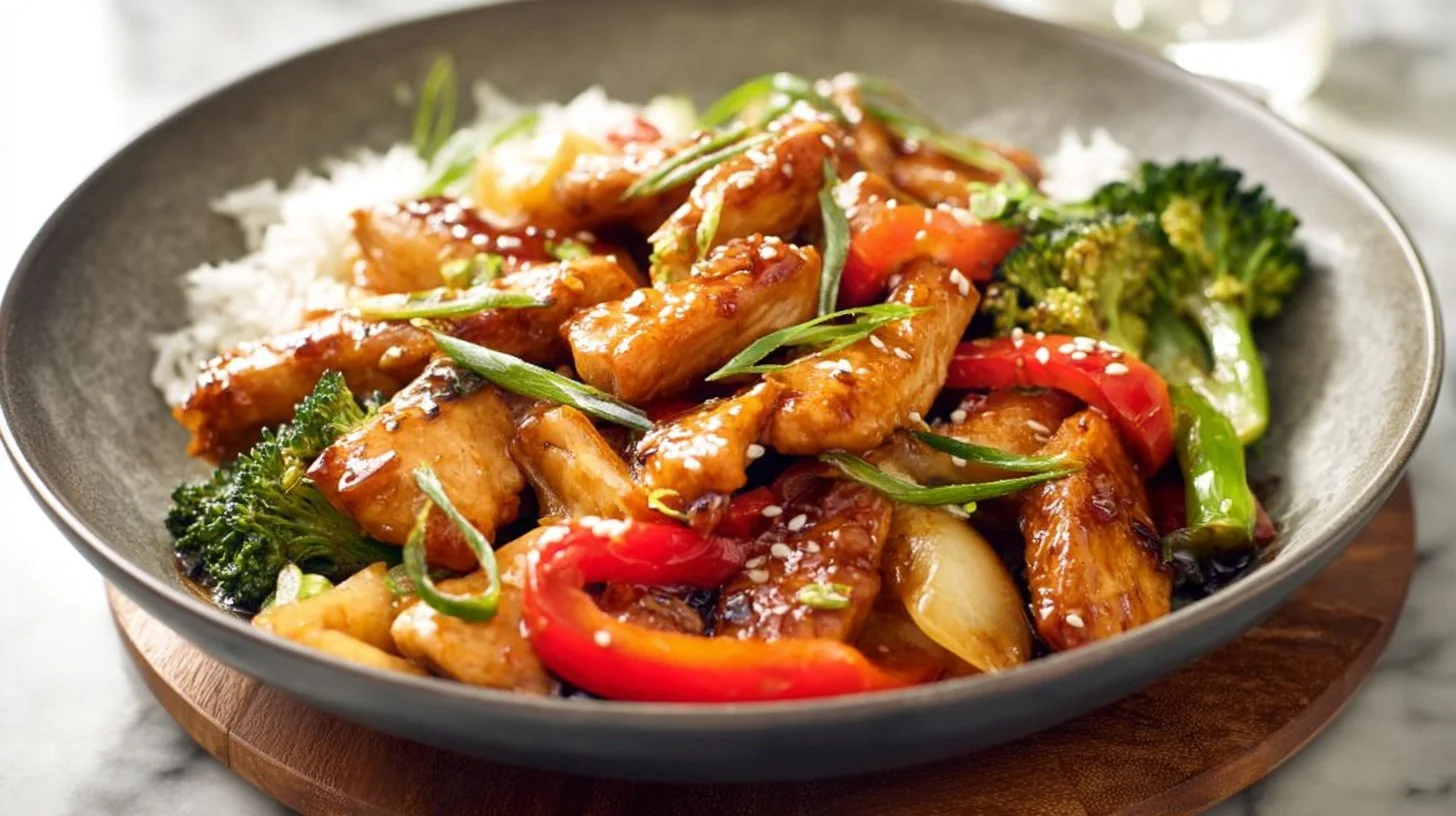 Delicious teriyaki chicken stir fry served with vegetables