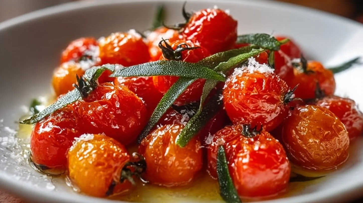Tomates cerises rôties au beurre brun et à l'ail dans une assiette.