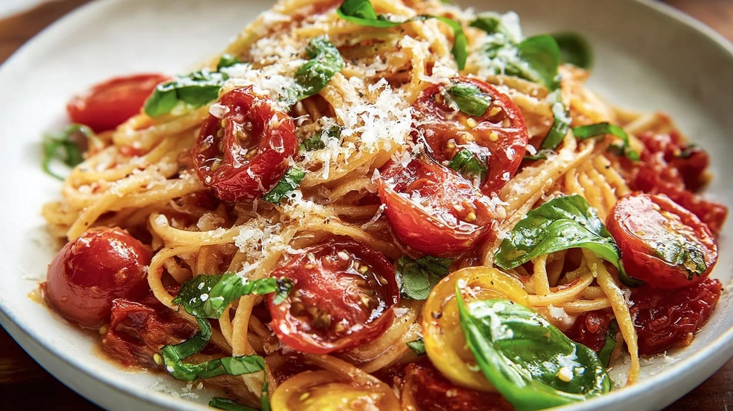 Delicious Tomato and Basil Pasta served in a bowl with fresh basil leaves