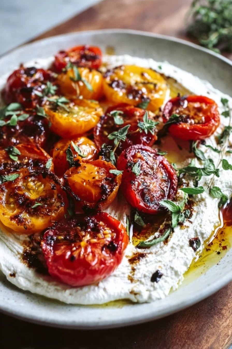 Trempette crémeuse au feta avec des tomates héritage rôties