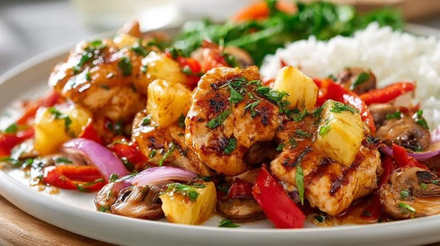 Delicious Tropical Island Chicken Bake served with colorful vegetables and herbs