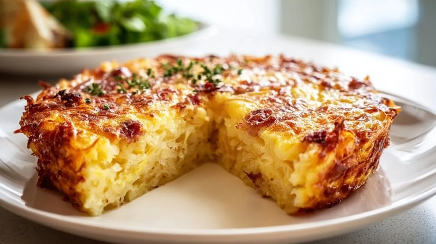 Deliciously baked Hash Brown Quiche served with fresh herbs