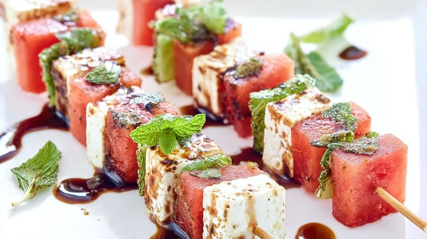 Delicious watermelon feta mint skewers served on a platter for a summer party snack.