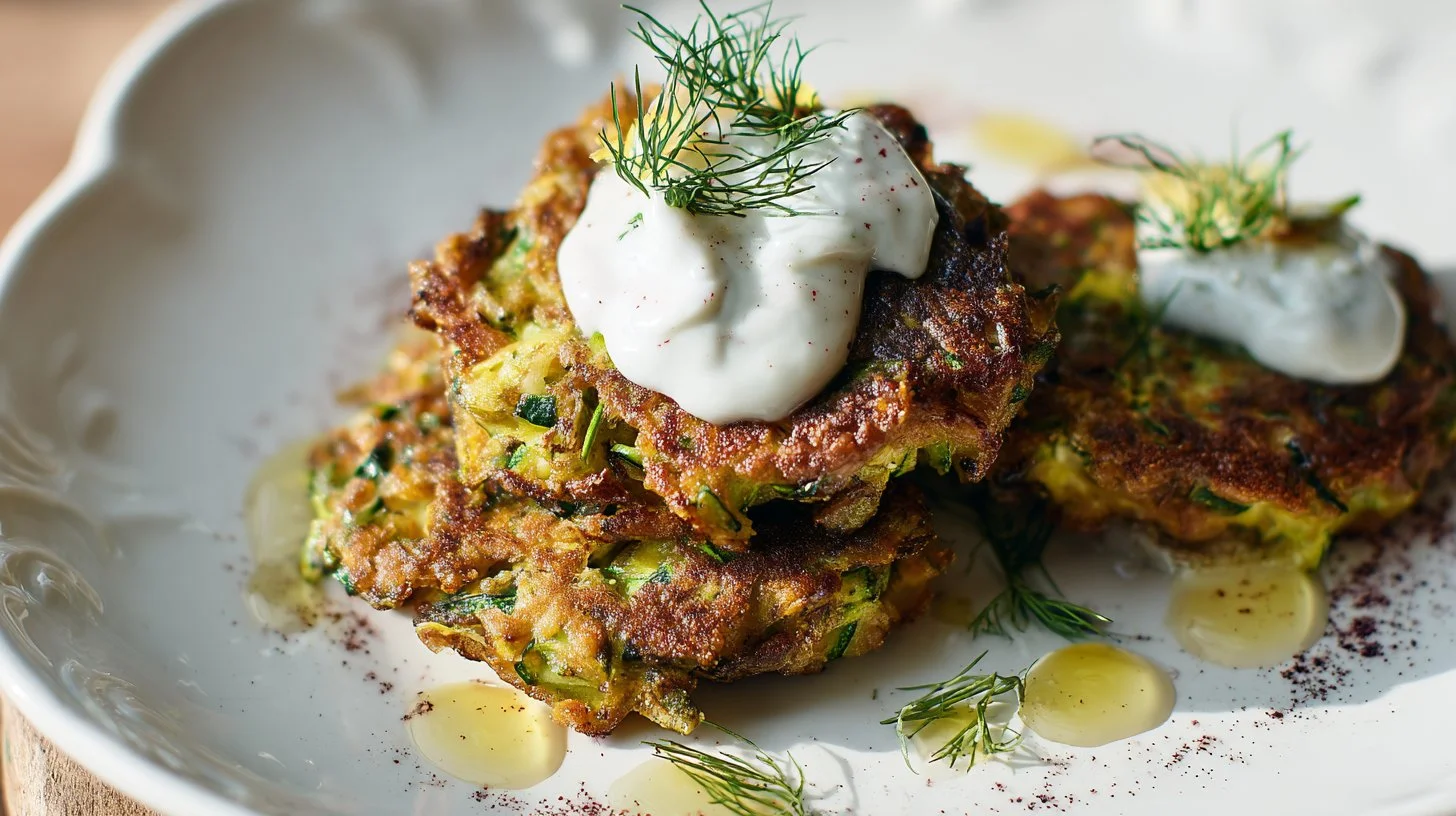 Zucchini fritters served with lemon yogurt sauce on a plate